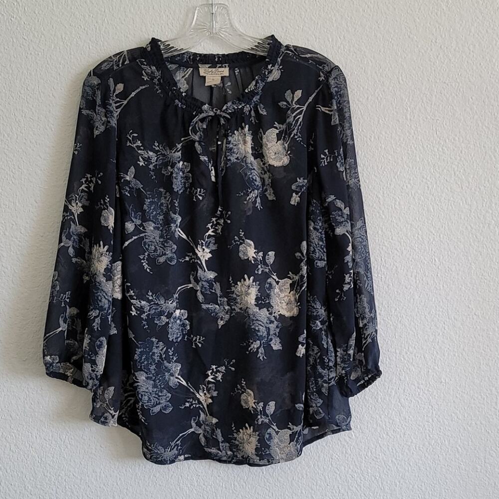 LUCKY BRAND Blouse Floral Boho Peasant Long Sleeve Tie Front Size Medium Black